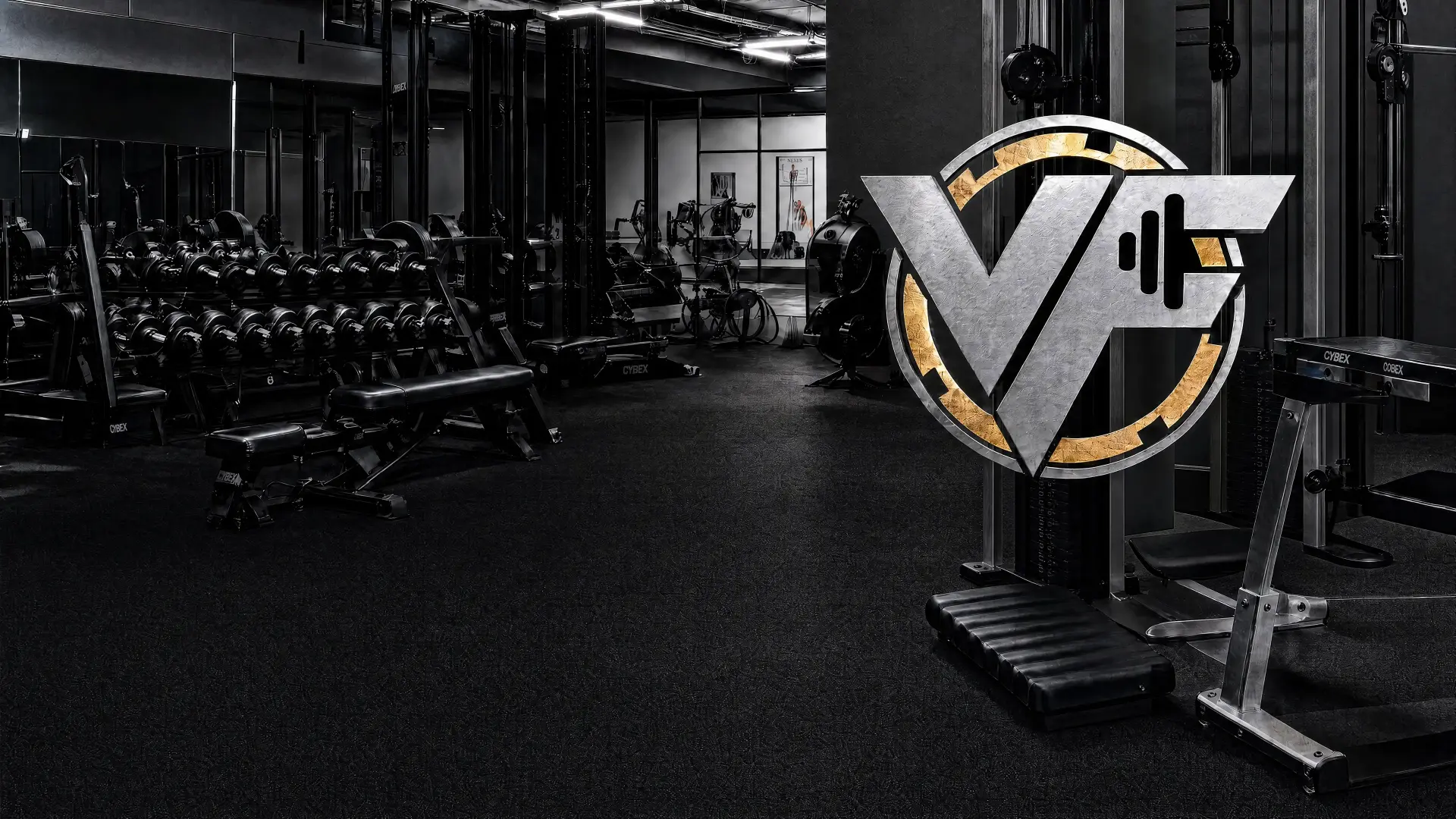 Dark commercial gym interior with dumbbell racks and the VersaFit VP badge on the right